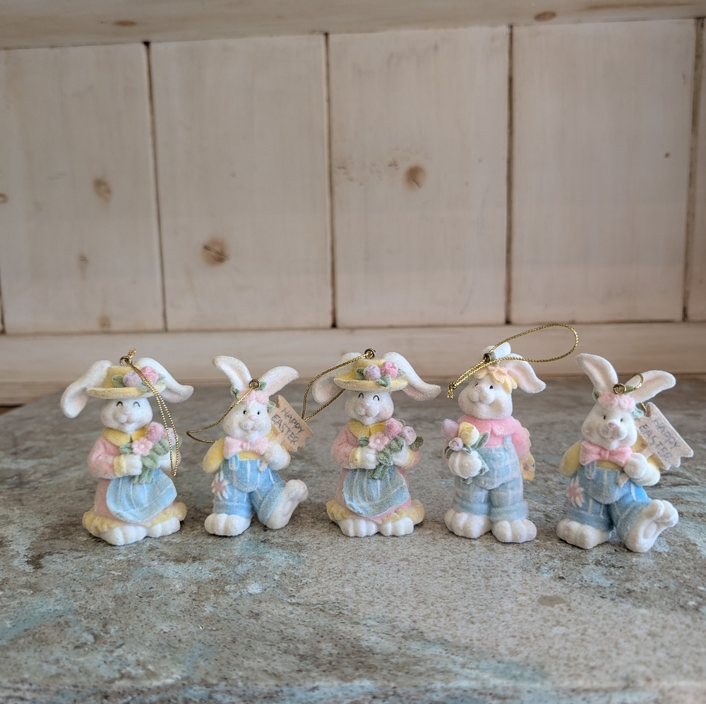 Vintage Lot of 5 Flocked Resin Bunny Rabbit Ornaments Easter Springtime